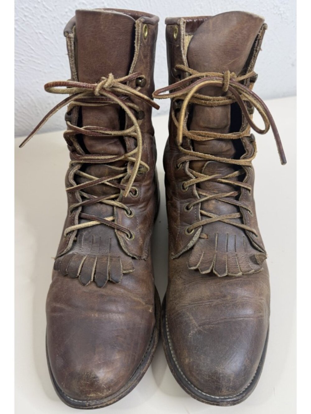 VTG JUSTIN Sz 9 Brown Leather Kiltie Lace Up Boots Western Work Boots Brass Eye